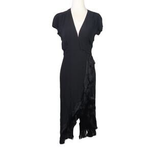 Reformation Privet Black Wrap Midi Dress Fringe Trim Small